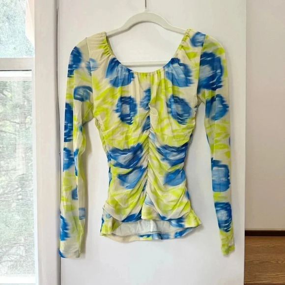 New Ganni Floral Mesh Scoop Neck Long Sleeve Top Shirt Green Blue - Picture 8 of 13